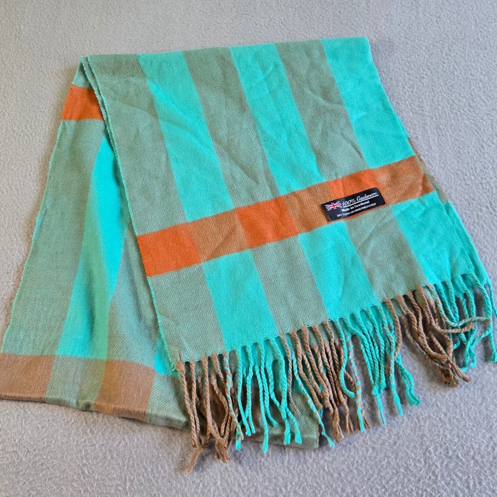 Unbranded Scarf Unisex Teal Orange Plaid 100% Cashmere Made in Scotland Fringe - Picture 2 of 5